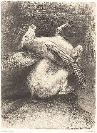 艾尔的不纯n将黑点抬高（无力的翅膀没有把动物抬进那个黑色的空间）`LAile impuissante neleva point la bete en ces noirs espaces (The impotent wing did not lift the animal into that black space (1883) by Odilon Redon