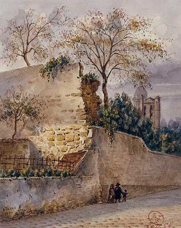 克洛维斯街，菲利普·奥古斯特的城墙。`Rue Clovis, mur de Philippe~Auguste. (1844) by Auguste-Sébastien Bénard