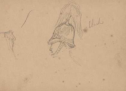 一个戴羽毛帽子的士兵的素描，上面有关于颜色的注释`Sketch of a Soldier in a Plumed Hat with Notes on Coloring by Myles Birket Foster