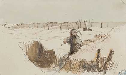 无标题（毛茸茸的在沟里行走）`Sans titre (Poilu marchant dans une tranchée) (1915~1916) by Georges Hugo