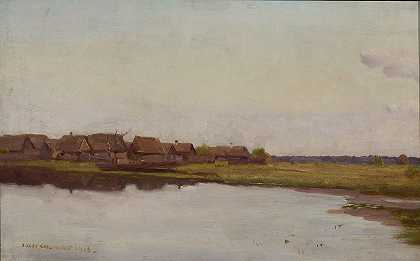 水边村庄`Village at waterside (1913) by Jozef Chelmonski