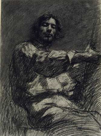 年轻人坐着学习。画架上的自画像`Young Man Sitting, Study. Self~Portrait known as At the Easel (circa 1847) by Gustave Courbet