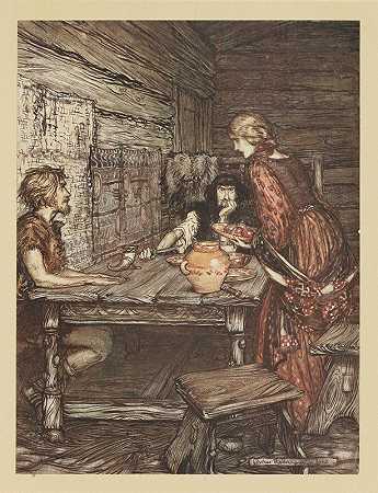 洪丁发现了西格蒙德和西格林德之间的相似之处`Hunding discovers the likeness between Siegmund and Sieglinde (1910) by Arthur Rackham