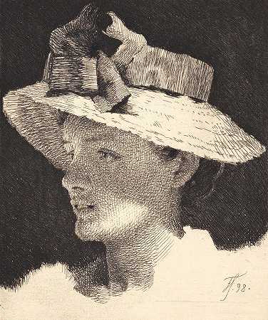 戴草帽的年轻女孩，侧面靠左`Ung pige med stråhat, profil mod venstre (1897 ~ 1898) by Frans Schwartz