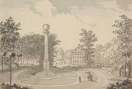 内塞城堡和德科宁克景观从东边来的s柱`View of Naesse castle and De Conincks Column from the East (ca. 1780–84) by Erik Pauelsen