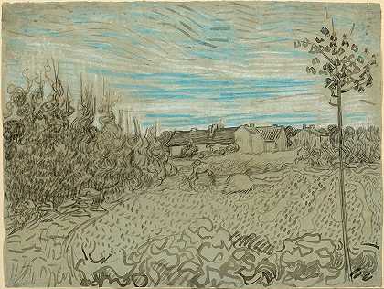 一个女人在中沙洲工作的小屋`Cottages with a Woman Working in the Middle Ground (1890) by Vincent van Gogh