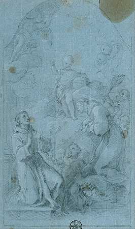 阿尔坎塔拉的圣彼得和帕多瓦的圣安东尼崇拜基督之子`Saint Peter of Alcantara and Saint Anthony of Padua Worship the Christ Child (1728) by Giovanni Agostino Ratti