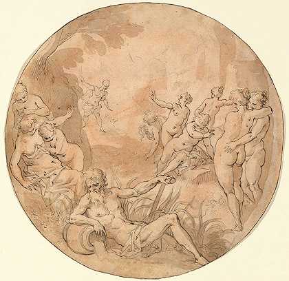 戴安娜洗澡时很惊讶`Diana Surprised at her Bath (after 1610) by Hans Rottenhammer