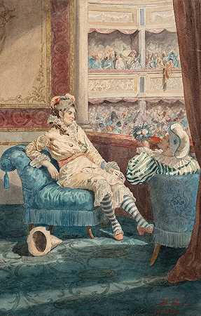 剧院里两个穿着狂欢节服装的人`Two figures dressed for Carnival at a theatre by Belisario Gioja