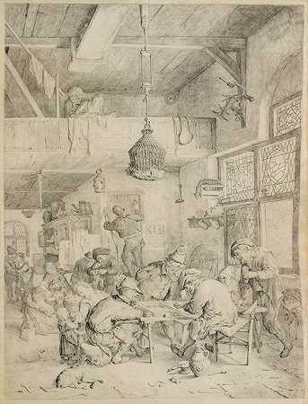 农民们在酒馆里玩西洋双陆棋和寻欢作乐`Peasants Playing Backgammon and Merry~making in a Tavern (1694) by Cornelis Dusart