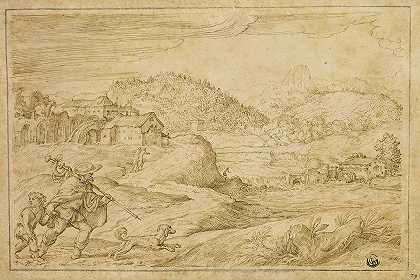 河流景观与圣罗克和一个孩子与狗旅行`River Landscape with Saint Roch and a Child Traveling with Dog (c. 1545) by Domenico Campagnola