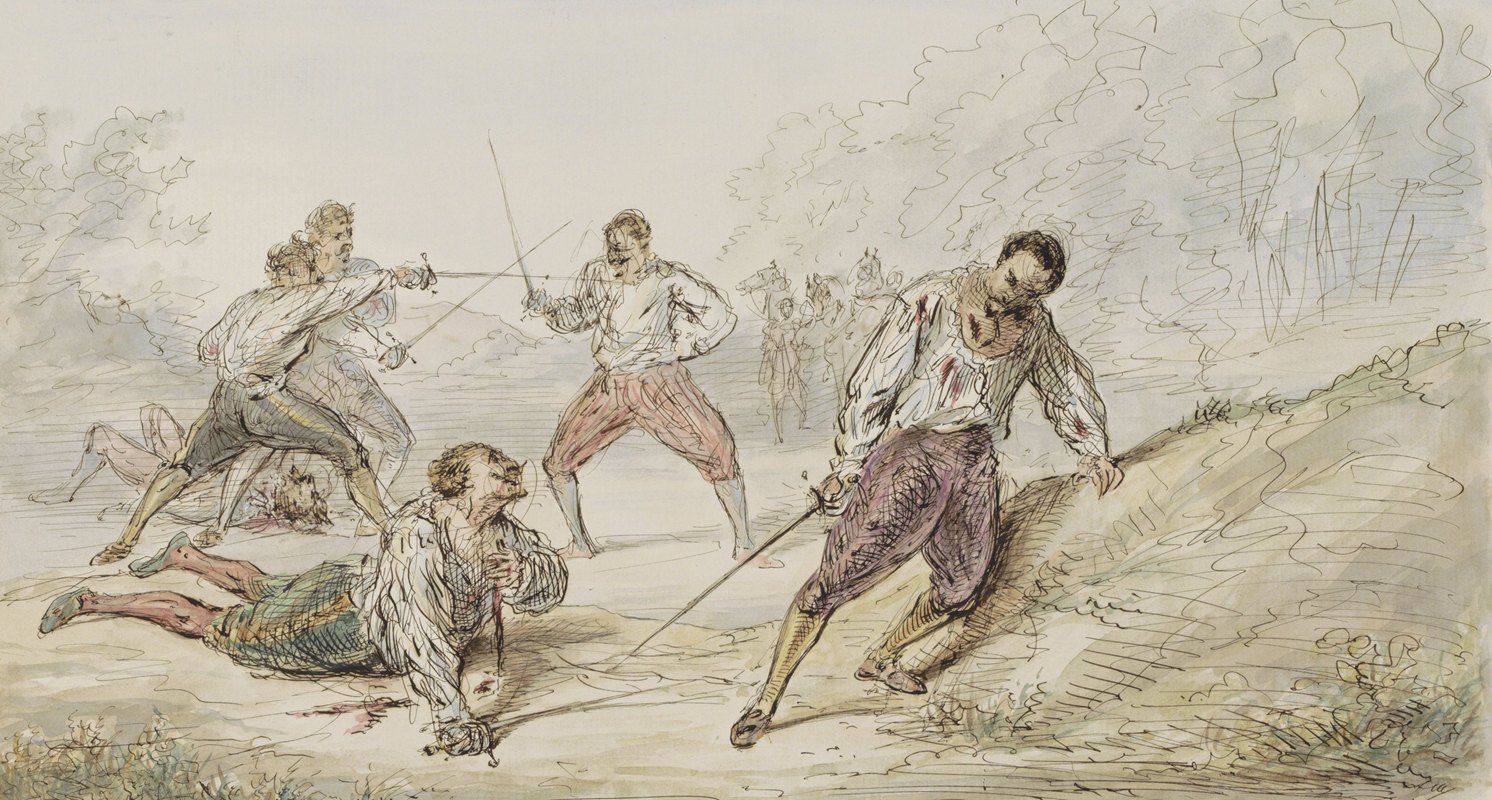 与决斗的人在一起`Landschap met duellerende mannen (c. 1854 ~ c. 1887) by Alexander Ver Huell