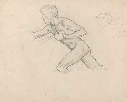 赤身裸体的男孩在水里推着`Naakte jongen in het water, duwend (1878 ~ 1938) by Richard Nicolaüs Roland Holst