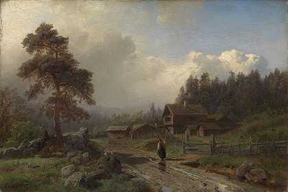 雨中的挪威风景`Norwegian Landscape in Rain (1857) by Hans Gude