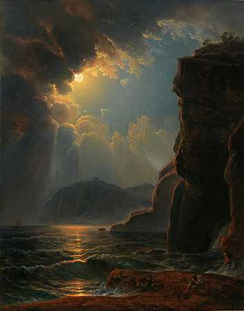 月光下的岩石海岸`Felsküste im Mondschein (1830) by Johann Nepomuk Schödlberger