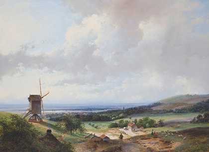 牧羊人和骑手在磨坊边，背景是哈勒姆`Shepherds And A Horseman By A Mill, Haarlem In The Background (1837) by Andreas Schelfhout