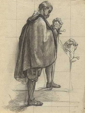 在五月花号的船舱里，站着的人在祈祷，为签署契约画草图`Standing Man, praying, sketch for Signing of the Compact in the Cabin of the Mayflower by Edwin White