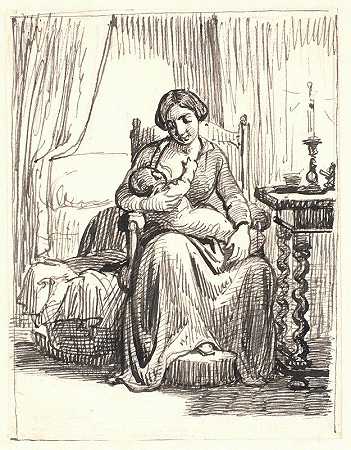 母亲带着正在哺乳的孩子，没有点燃`Moder med diende barn, t.h. tændt lys (1810 – 1873) by Wilhelm Marstrand