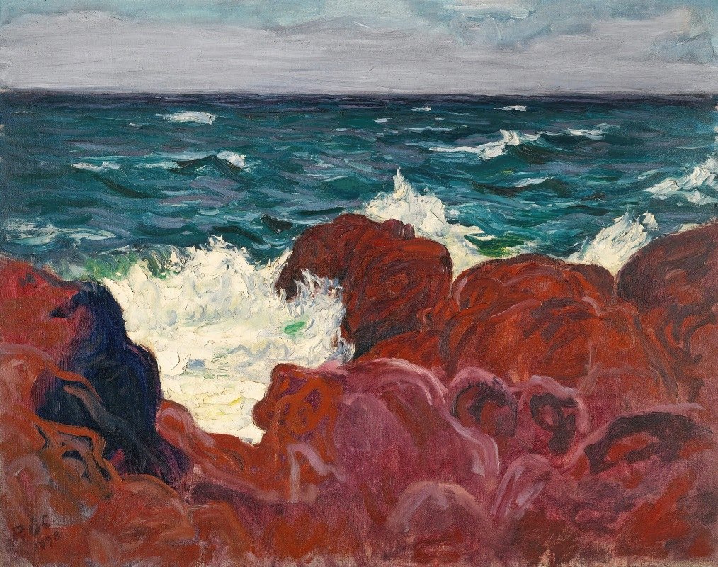 红石与海`Red Rocks And Sea (1898) by Roderic O;Conor