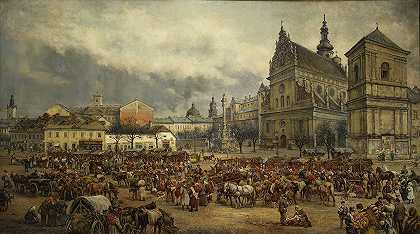 1895年复活节前在利沃夫的伯纳德广场举行的集市`Fair before Easter at the Bernardine square in Lviv in 1895 (1895) by Tadeusz Rybkowski