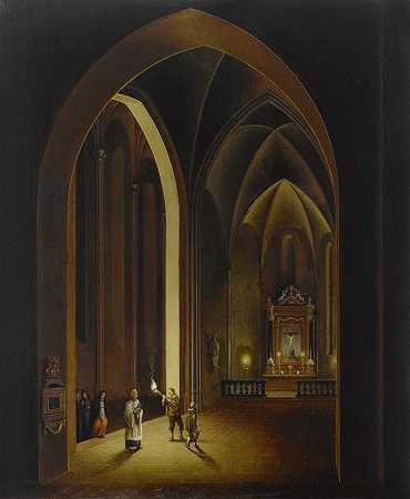 烛光教堂屋内`Candlelit church interior (1778) by Johann Ludwig Ernst Morgenstern
