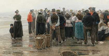 一群渔夫`A Gathering of Fishermen (1884) by Leopold von Kalckreuth the Younger