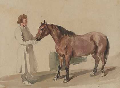 骑马的马夫`Stableman with a horse (1845) by Piotr Michałowski