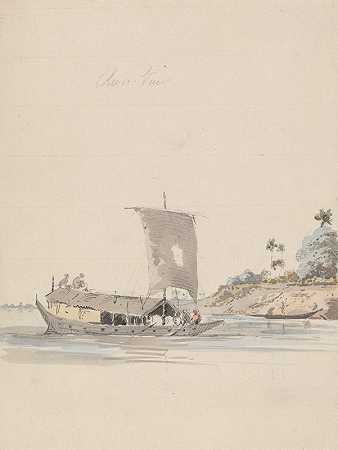 带帆船的河景（拉杰马哈尔附近）`River View with a Junk (near Rajmahal) (between 1777 and 1808) by Samuel Davis