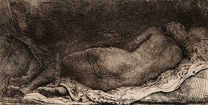 斜倚裸体女性`Reclining female nude (1658) by Rembrandt van Rijn