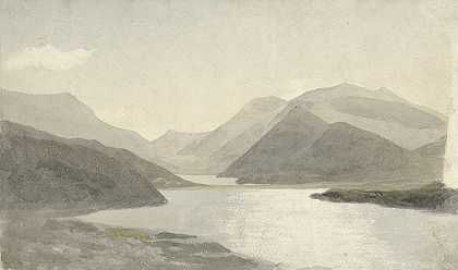 北威尔士兰贝里斯斯诺登附近湖面上的阳光`Sunlight over a Lake near Snowdon, Llanberis, North Wales (1800 ~ 1810) by Cornelius Varley