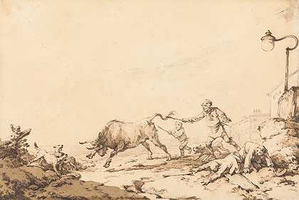 公牛冲锋`A Bull Charging (1794) by Philippe-Jacques de Loutherbourg