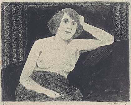女性裸体，坐在沙发上，手靠着头`Vrouwelijk naakt, gezeten op een bank, de hand tegen het hoofd by Samuel Jessurun de Mesquita