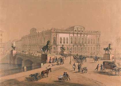 圣彼得堡阿尼什科夫大桥景观`View Of The Anichkov Bridge, St Petersburg (1859) by Iosef Iosefovich Charlemagne
