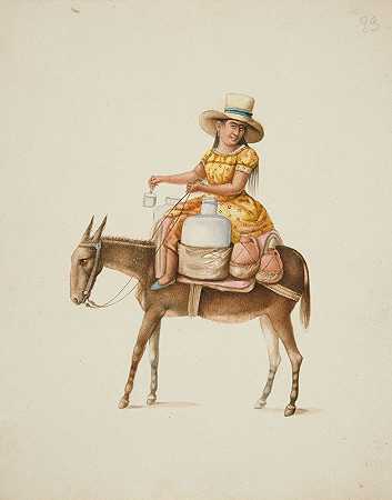 骑着骡子提着罐子的女人`Woman on Mule Carrying Jars (ca. 1850) by Francisco Fierro