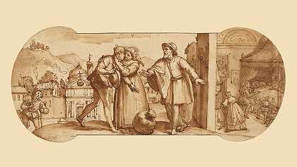 塔迪奥带着一袋石头回家，躺在床上从发烧中恢复过来`Taddeo Returning Home with the Sack of Stones and in Bed Recovering from His Fever (1595) by Federico Zuccaro