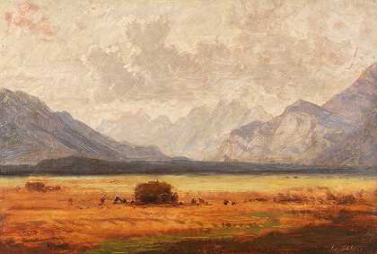 阿尔卑斯山麓的干草收获`Heuernte im Voralpenland (Ca. 1860~1880) by Eduard Schleich The Younger