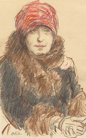 戴帽子穿外套的女人`Woman in Hat and Coat (first third 20th century) by Emil Orlik