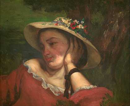 帽子上戴着花的女人`Woman with Flowers on Her Hat (1857) by Gustave Courbet