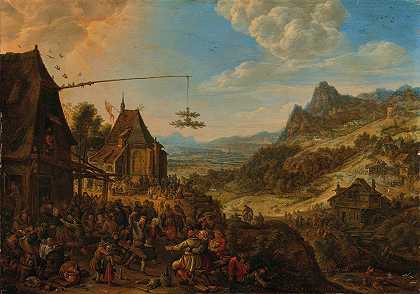 带有乡村节日的莱茵景观`A Rhenish landscape with a village festival (1675) by Herman Saftleven