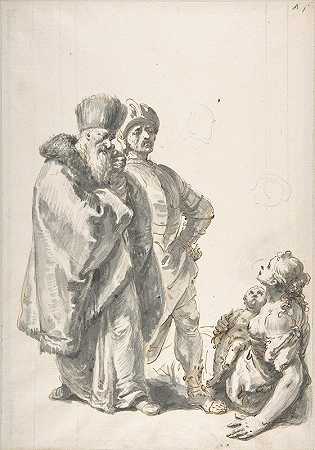 两个站着的男人和一个带着孩子的坐着的女人`Two Standing Male Figures and Seated Woman with a Child (1760s) by Francesco Fontebasso