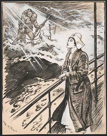 红十字会的护士站在一艘船的栏杆旁，想象着受伤的士兵穿越暴风雨的大海`Red Cross nurse standing at the railing of a ship, has a vision of wounded soldiers across a stormy sea (1914) by William Allen Rogers