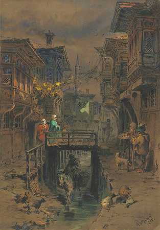 旧伊斯坦布尔的一条街道`A Street in Old Istanbul (1855) by Amadeo Preziosi