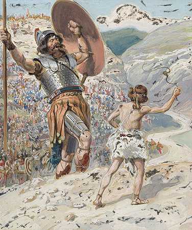 大卫扔石头`David Slings the Stone (c. 1896~1902) by James Tissot