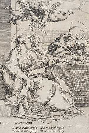 有两个天使的神圣家庭`The Holy Family with Two Angels (1600~1640) by Guido Reni