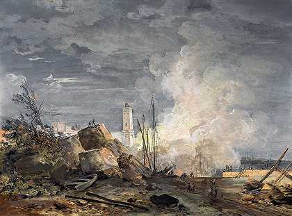 港口失火`Fire in the Port (1788–1806) by Louis Gabriel Moreau