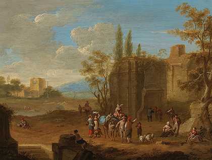 罗马遗迹附近有游客的景观`A landscape with travellers near Roman ruins by Franz de Paula Ferg
