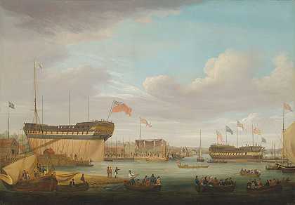 在泰晤士河布莱克沃尔东印度码头发射日`Launching day at the East India Dock, Blackwall on the Thames by John Lynn