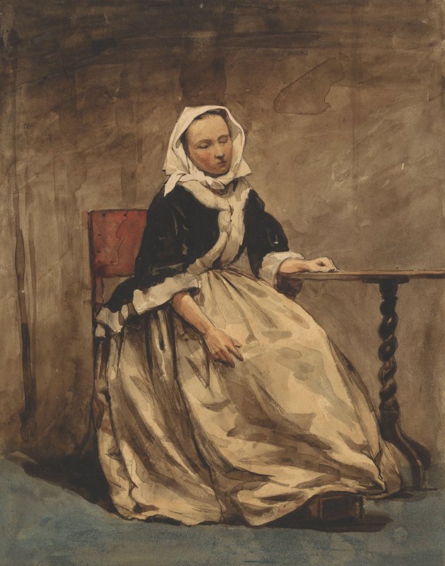 坐在小桌子旁边的女人`Zittende vrouw naast een kleine tafel (1832 ~ 1880) by Jan Weissenbruch