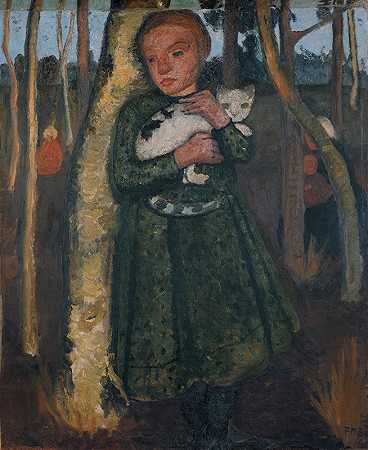 和猫在桦树林里的女孩`Girl in a birch forest with cat (circa 1904) by Paula Modersohn-Becker