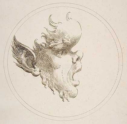 怪诞的头部，前额凸出，在一个圆圈内向右看`Grotesque Head With a Bulging Forehead Looking to the Right Within a Circle (1727) by Gaetano Piccini